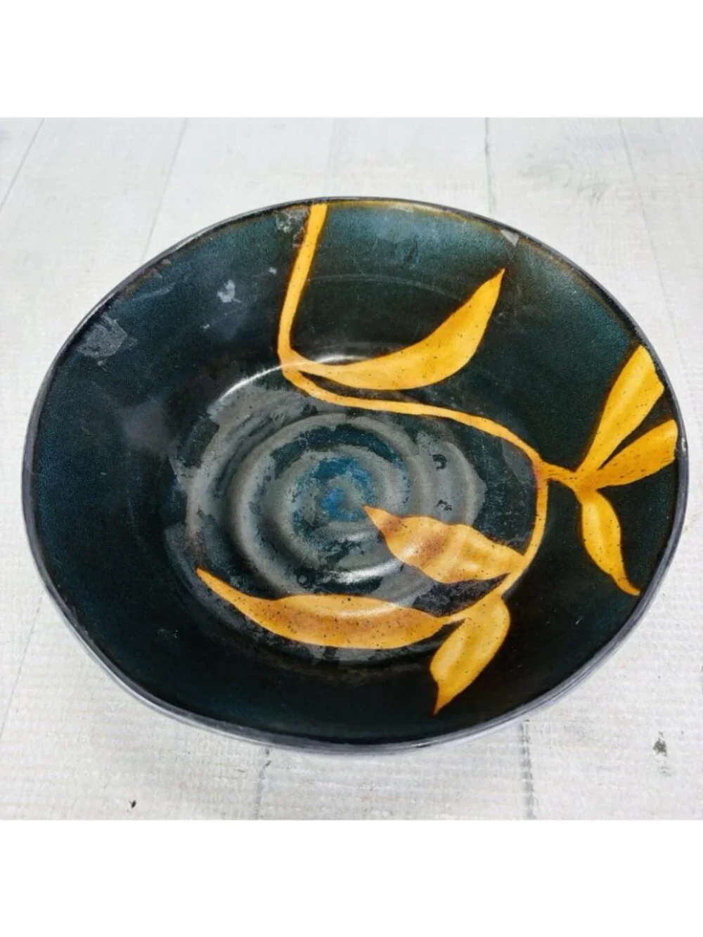 Pier 1 DAKARA Bamboo Leaf Yellow Rust Hand Painted Stoneware Plate & Bowl Set 2